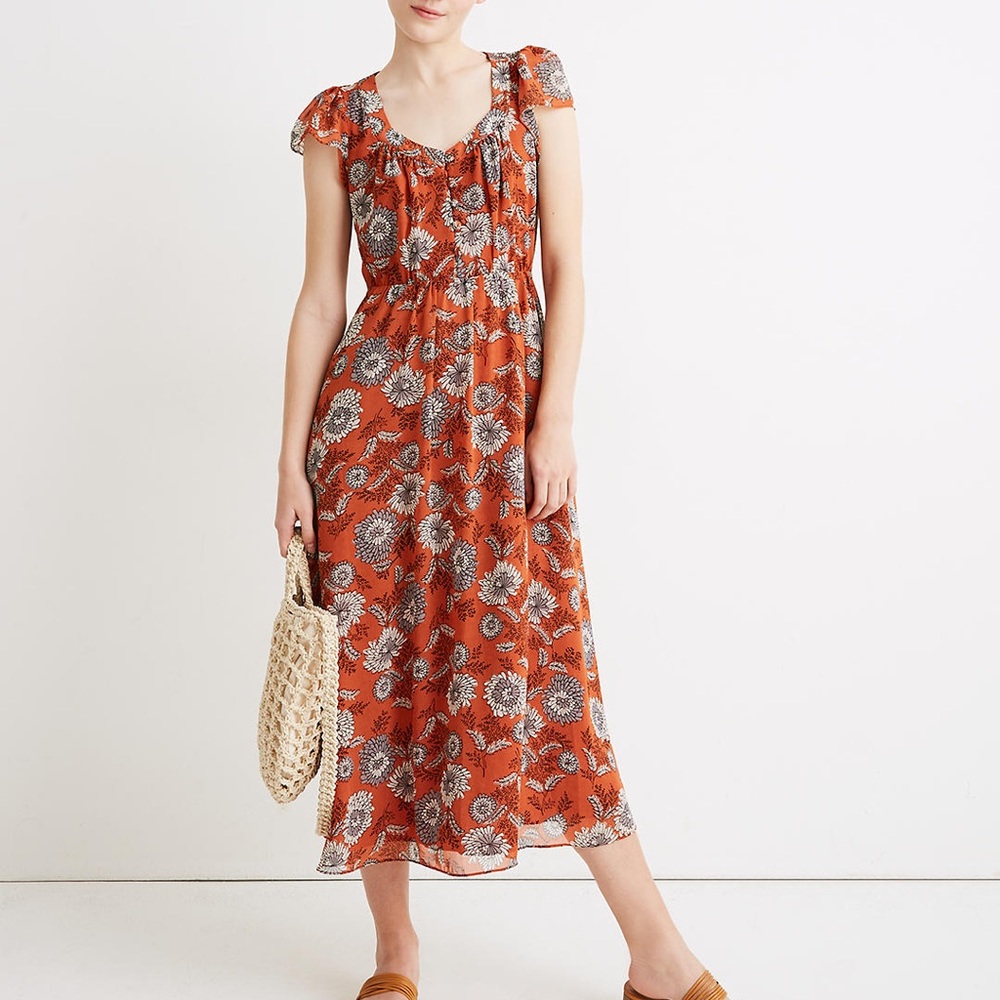 Madewell Petite Sheer-Sleeve Button-Front Midi Dress in Gathered Blooms Size 00